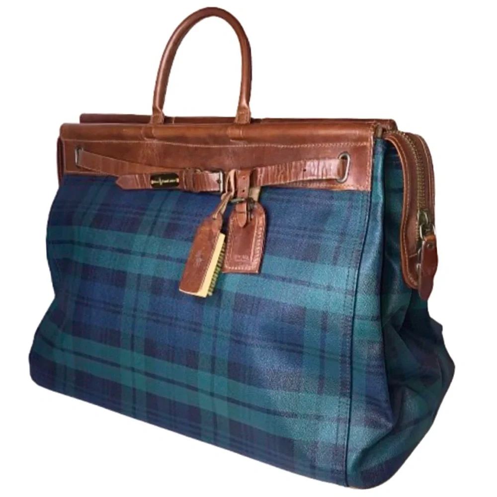 RALPH LAUREN Black Watch Plaid Blue Green Doctors Boston Weekend Overnight Bag